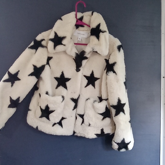 POPSUGAR Jackets & Blazers - - Euc  Pop Sugar fluffy cropped cream color black stars coat XS